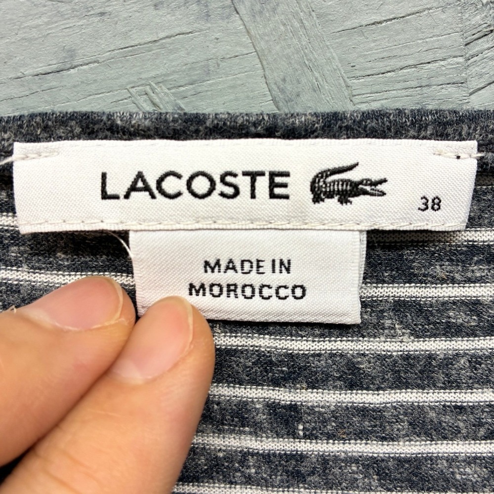 Lacoste Striped Linen Blend V Neck Shirt Women's M (38) Gray White Long Sleeve T - Picture 4 of 9
